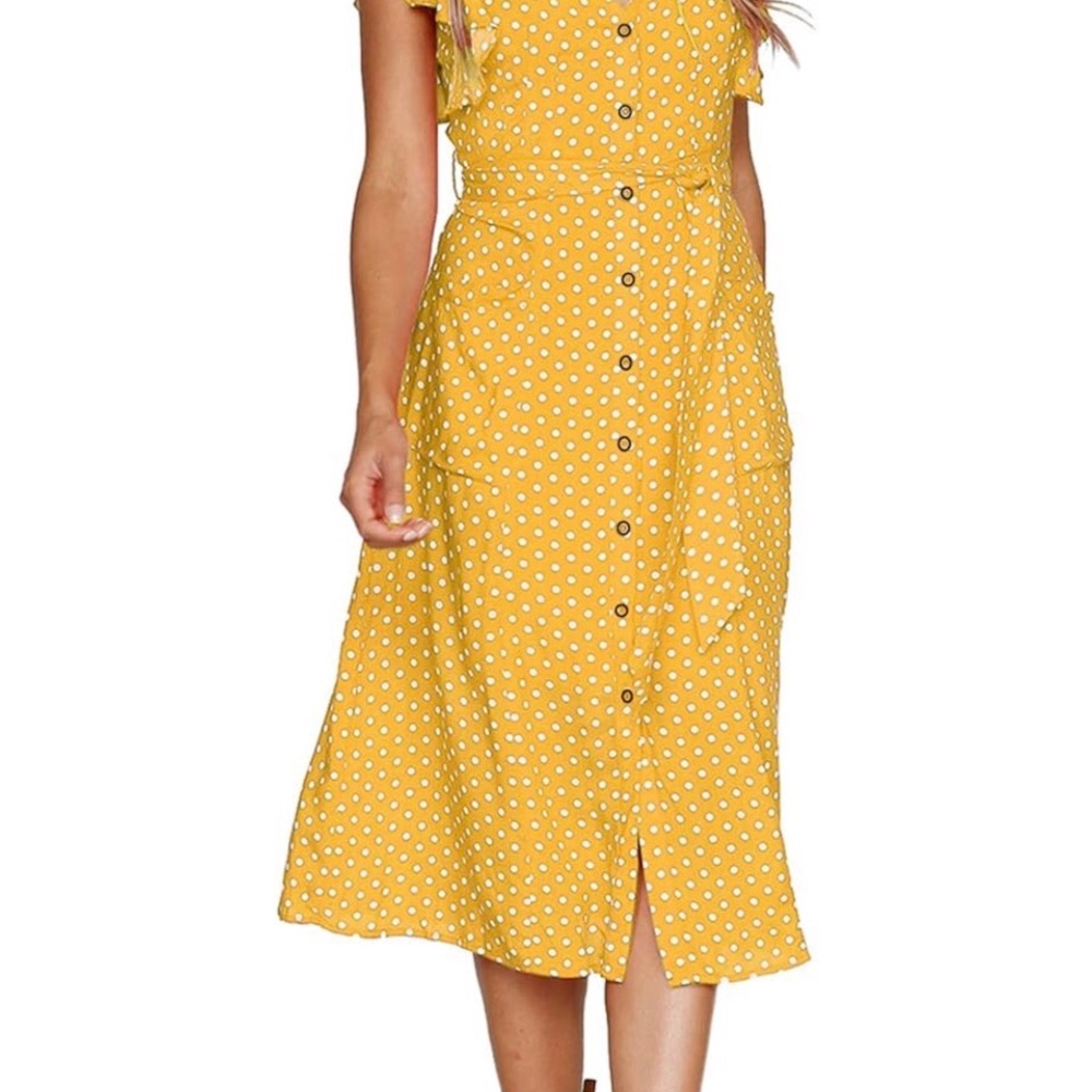 Mitilly Yellow Polka Dot Button-Front Midi Dress